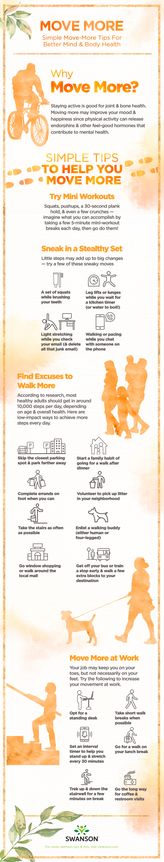 Simple tips to move more for better mind and body health - infographic by Swanson Health