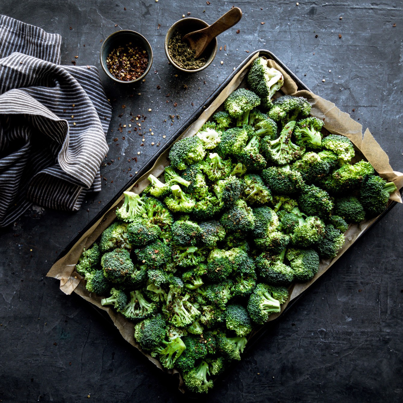 Broccoli on a cooking sheet