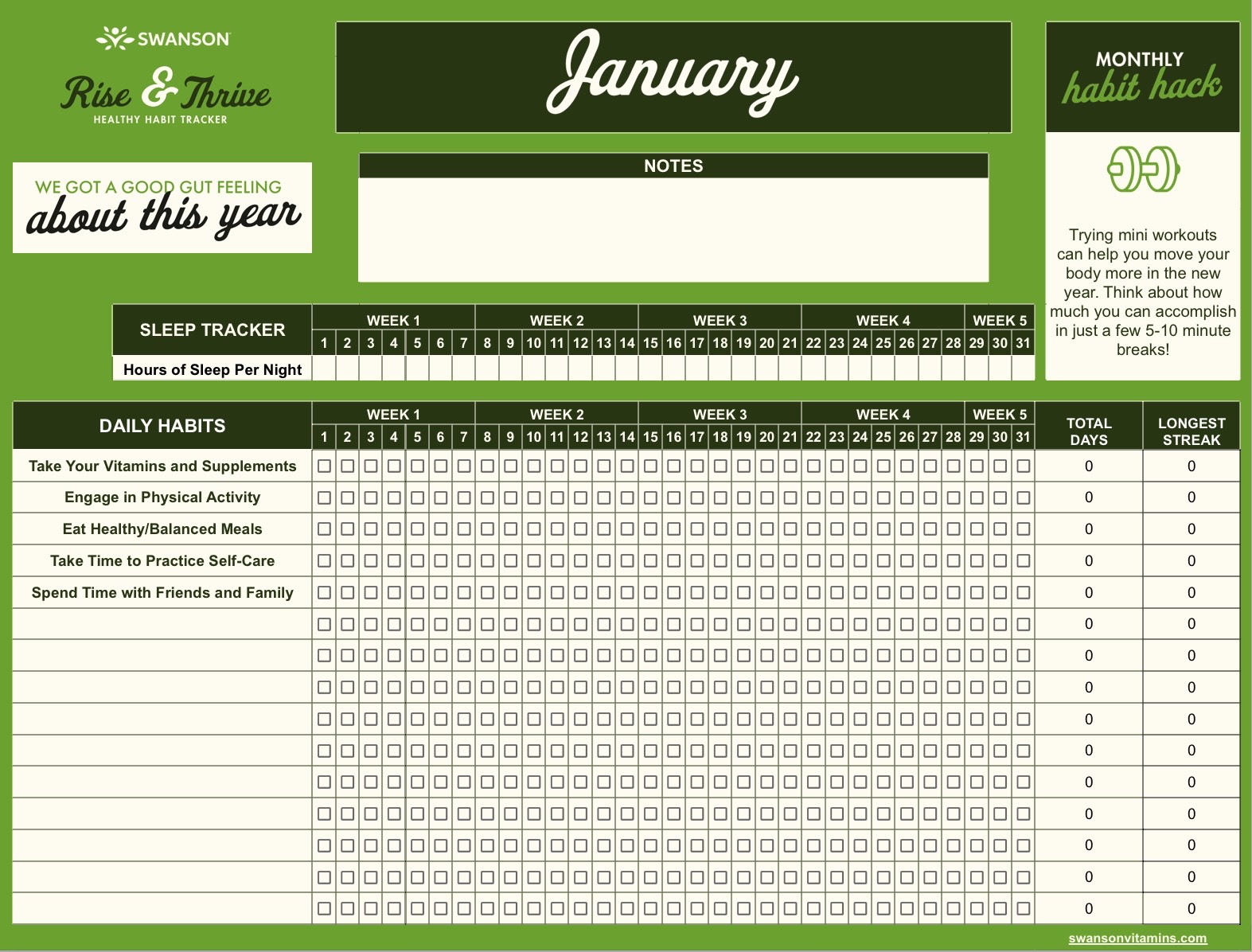 Swanson Vitamins 2025 Rise & Thrive healthy habit tracker for print